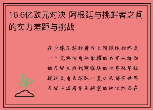 16.6亿欧元对决 阿根廷与挑衅者之间的实力差距与挑战